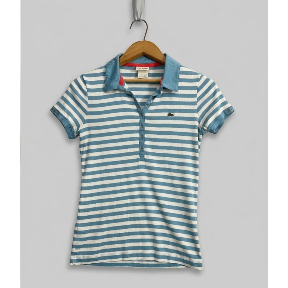 Lacoste Womens Blue White Striped Short Sleeve Polo Shirt Size 42 Large Slim